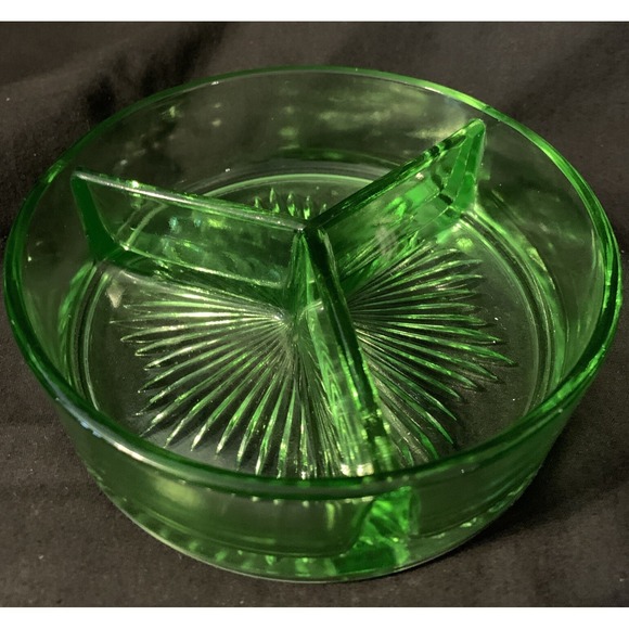Unmarked Other - Vintage Green Depression Vaseline Uranium Glass 3 Section Candy Nut Dish